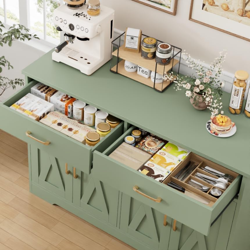 HOSTACK Buffet Cabinet with Storage, 47.2" Kitchen Sideboard Buffet with Drawers, Modern Farmhouse Coffee Bar Station with Shelves, Barn Doors Storage Cabinet for Living Room, Green