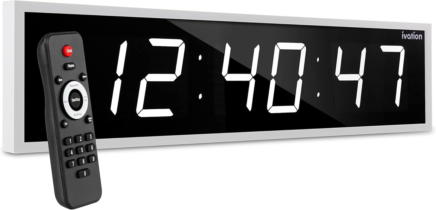 Ivation Oversized 24" Large Digital LED Clock | Big Digital Clock w/Multi-Function Display – Stopwatch, Timer, Alarms, Temp & Date | 6 Brightness Levels, Time Memory & Remote (White)