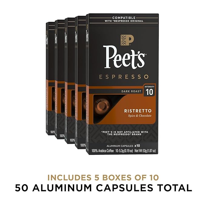 Peet's Coffee, Dark Roast Espresso Capsules, Compatible with Nespresso Original Machine - Ristretto Intensity 10, 50 Count (5 Boxes of 10 Espresso Capsules)