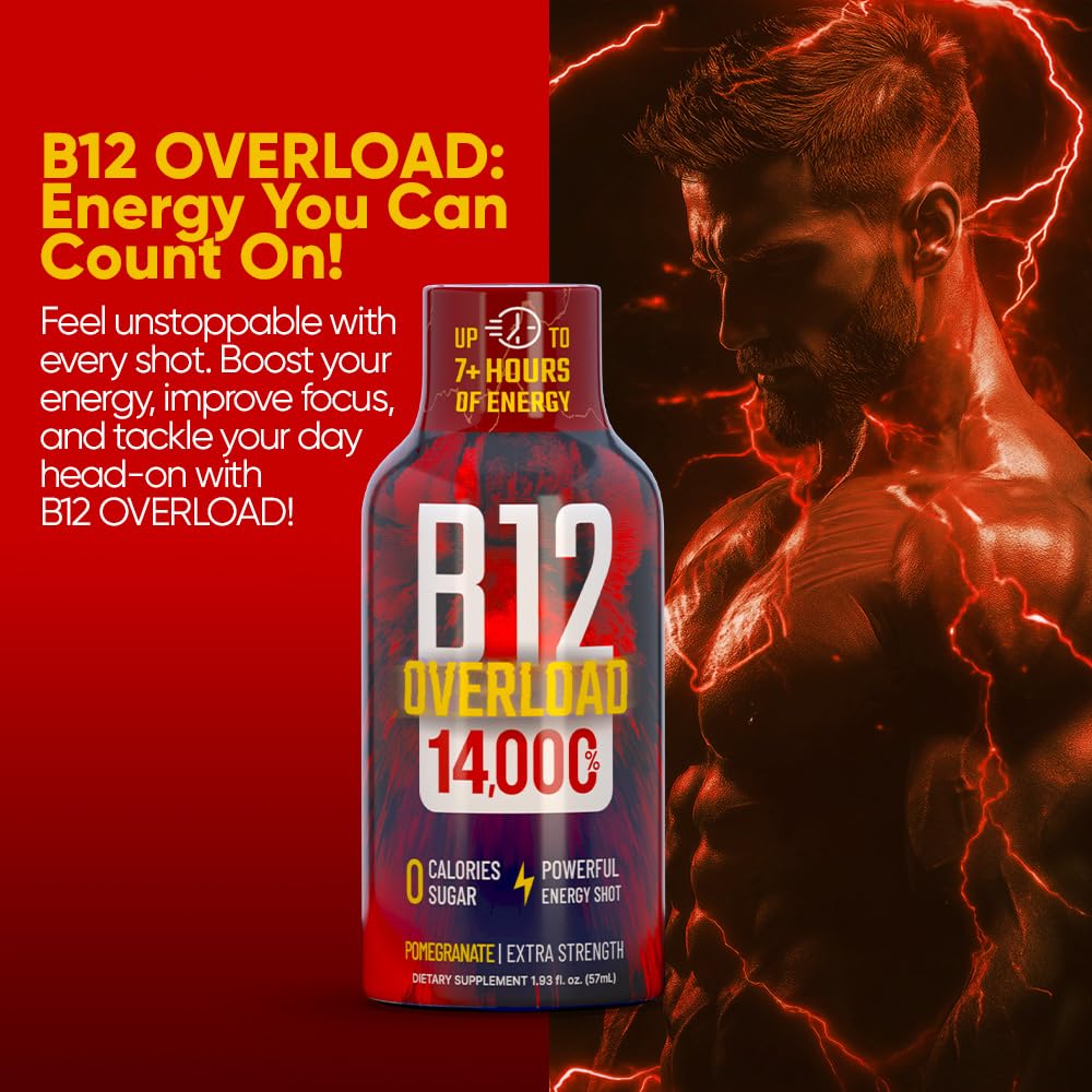 B12 Overload Extra Strength Energy Shot – Pomegranate – 260mg Caffeine, 14000% B12, Electrolytes – Energy & Vitality Support – Zero Sugar No Calories – Vegan, Kosher, Gluten-Free – 1.93 fl oz, 48-Pack