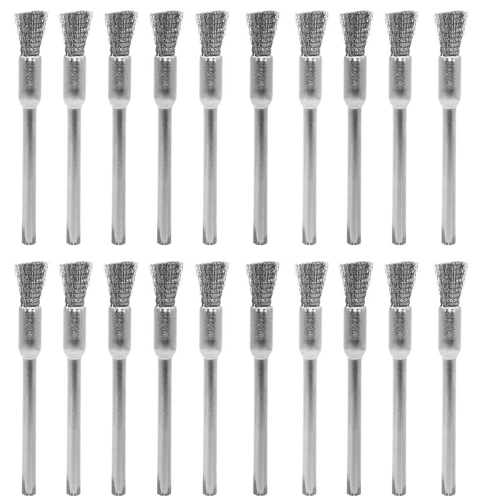 20 pcs Steel Cleaning End Brushes Pen 1/5″(5mm) x 1/8″(3mm) Wire Brush Rust Paint Removal Bits Polishing Rotary Tools