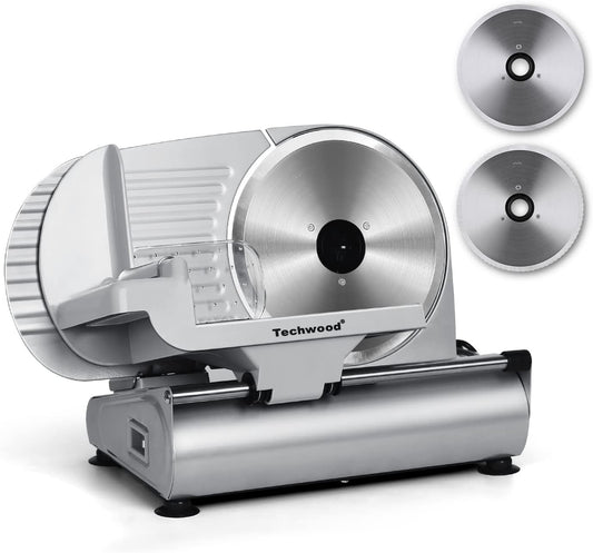 Meat Slicer, Techwood Electric Deil Food Slicer with Removable 9” Stainless Steel Blade, Deli Cheese Fruit Vegetable Bread Cutter with Adjustable Knob for Thickness, Food Carriage & Non-Slip Feet