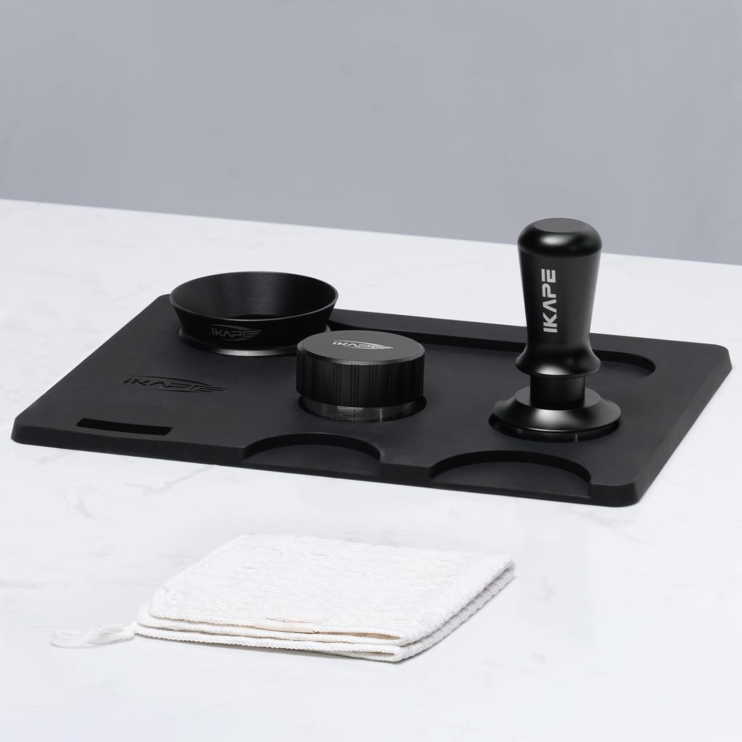 IKAPE 53MM Coffee Tamper Set Black 6 IN 1, Espresso Tamper, Distributor, Magnetic Dosing Funnel, Silicone Mat, Puck Screen, Cleaning Towel