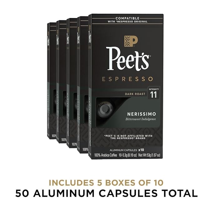 Peet's Coffee, Dark Roast Espresso Capsules, Compatible with Nespresso Original Machine - Nerissimo Intensity 11, 50 Count (5 Boxes of 10 Espresso Capsules)