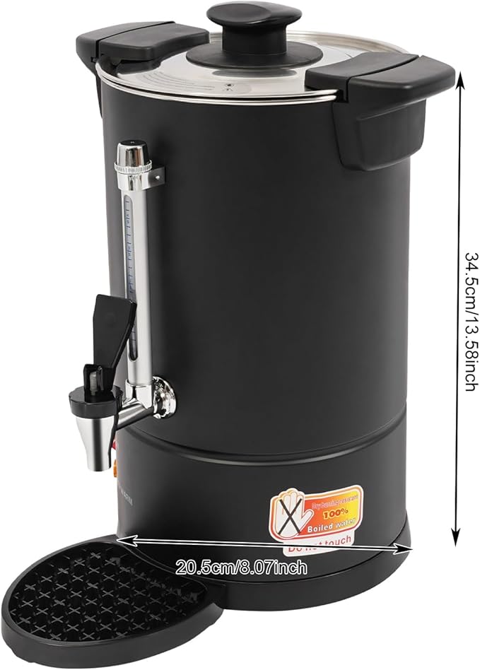 Commercial Electric Coffee Pot 950W Stainless Steel Coffee Maker Hot Water Dispenser with Drip Tray for Cafes Offices Gatherings, No Temp Control (Black, 8L)