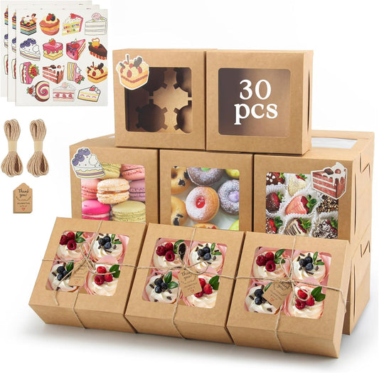 OAMCEG 30 Pack Cookie Boxes with Window, 6x6x3 Inches Brown Bakery Treat Boxes with Stickers & Twine for Pastry, Desserts, Strawberries, Cupcakes, Gift Giving