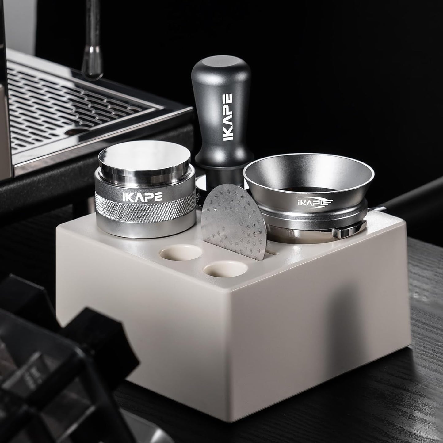 IKAPE 51MM Espresso Tamper Kit Silver 8 IN 1, Coffee Tamper Set comprising a Tamper, Distributor, Magnetic Dosing Funnel, Puck Screen, Station, WDT Tool, along with a Cleaning Towel and Brush