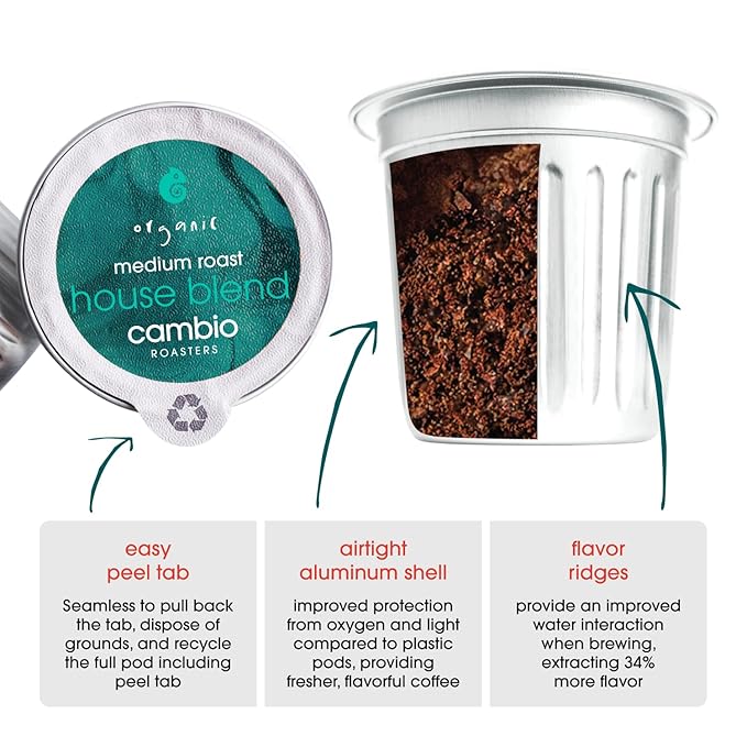Cambio Roasters House Blend Coffee Pods - New Aluminum Pods, Organic Coffee K Cups, Medium Roast K Cup Coffee, Works With Keurig, 60 Count
