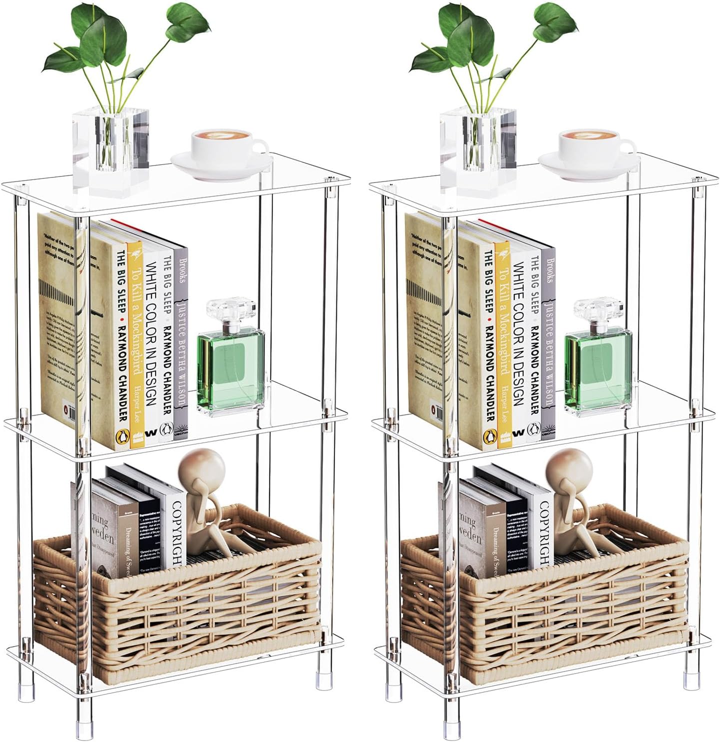 Clear Acrylic Narrow Side Table Set of 2 for Small Spaces, 15.75" L x 7.87" W x 26.7" H, 3 Tier Rectangle Slim End Table Nightstand, Small Mini Skinny Bedside Table for Bedroom, Living Room