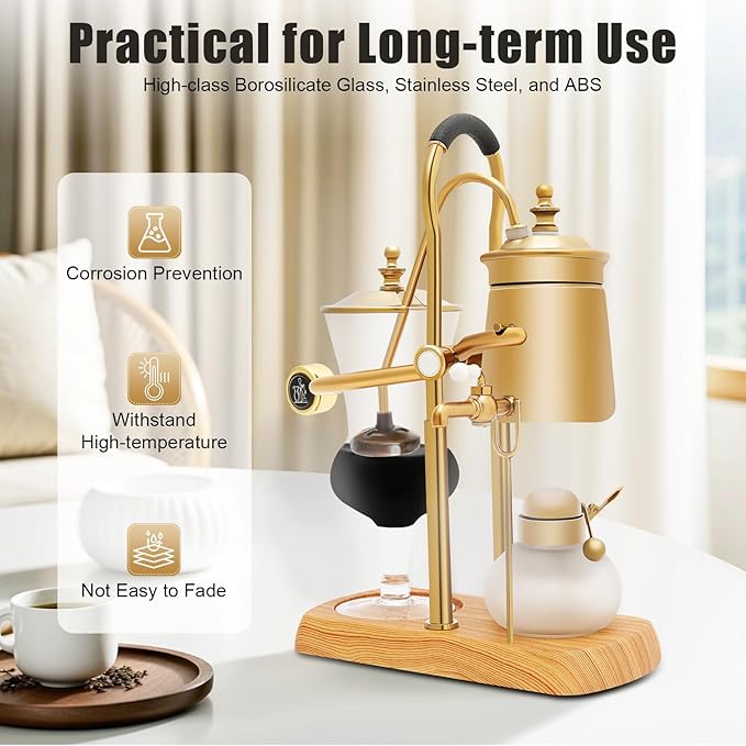Belgium Royal Family Balance Coffee Maker，Luxury Royal Family Balance Syphon Siphon Vacuum Brewing System，Gold Vintage Classic Retro Coffee Pot