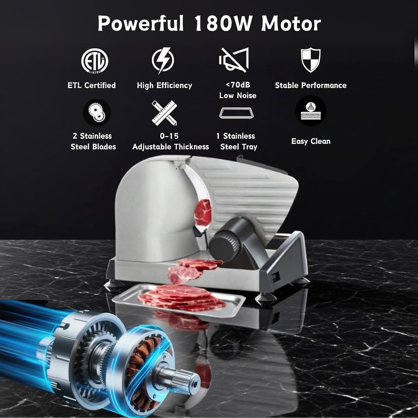 Meat Slicer, Electric Meat Slicer Machine for Home with 2 Removable 7.5'' Blades ETL Certified, Adjustable Thickness Deli Food Slicer-Meat Cutter Machine for Bread Cheese (180W Meat Silcer)