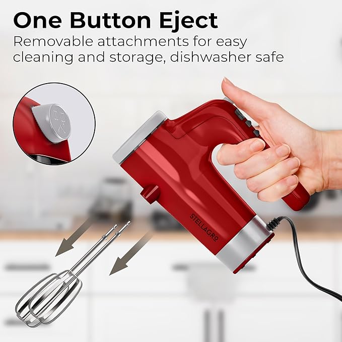 9 Speed Electric Handheld Mixer with Stainless Steel Whisk Beater Attachments & Snap Storage Case, Compact Lightweight 350 W Powerful hand held mixer for Baking & Cooking, Red