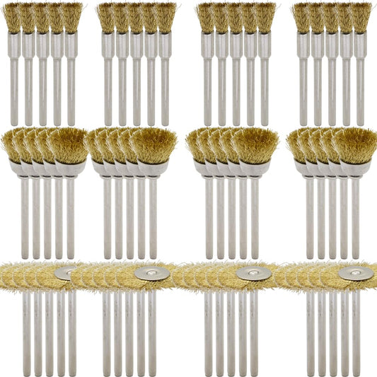 60-Piece Brass Wire Brush Set - Metal Rust Removal, Polishing, Cleaning - 1/8″ (3mm) Shaft - Removes Burrs, Dust, and Oxide Layer - Handles Rough Surfaces - Rotary Tool Accessories