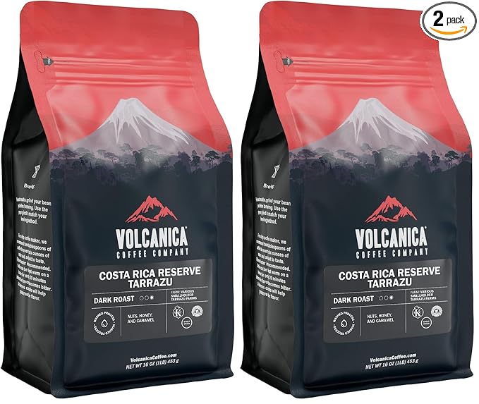 Costa Rican Coffee, Tarrazu Reserve, Dark Roast, Whole Bean, Fair Trade, Fresh Roasted, Kosher, 16-ounce (Pack of 2)