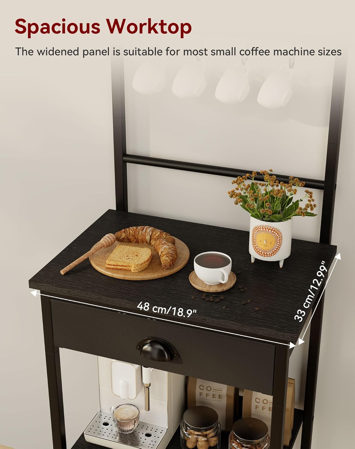YMYNY 5 Tier Coffee Bar Station, Coffee Stand with Fabric Drawers, 8 S-Shaped Hooks, Corner Bar Cabinet, Height Adjustable, Bakers Rack for Kitchen, Living Room, Black, HBR009B