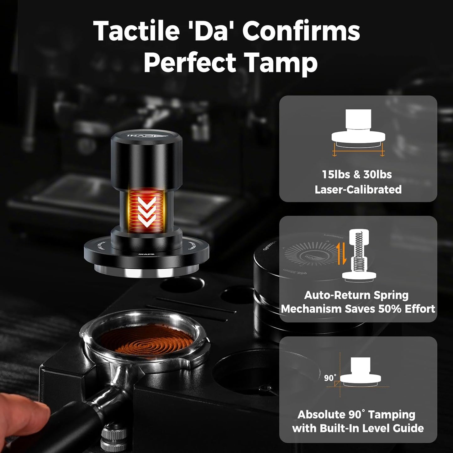 IKAPE 58.35MM V6 Impact Espresso Tamper with Sound Feedback, 15lb/30lb Interchangeable Springs, Espresso Low-Profile Tamper with Triple-spring System, Fits Over 58mm portafilters