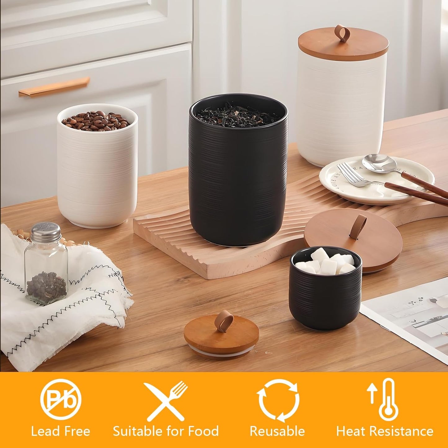 Food Storage Jar Strong Ceramic Storage Canisters with Airtight Wooden Lid,Kitchen Storage Containers for Serving Coffee Beans, Tea, Sugar, Salt, Spices (Little black)