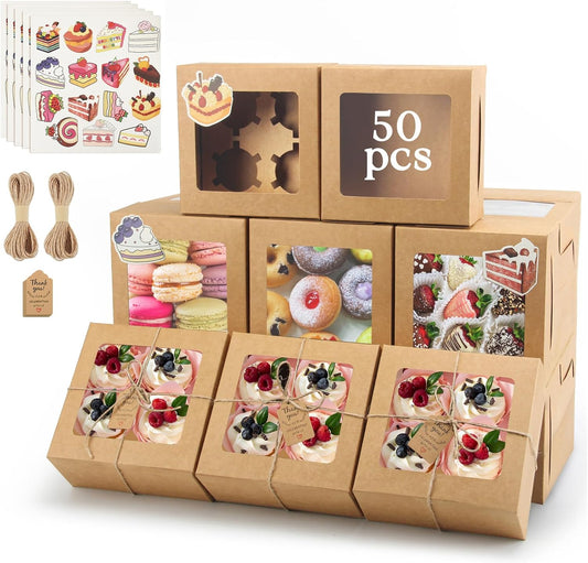 OAMCEG 50 Pack Cookie Boxes with Window, 6x6x3 Inches Brown Bakery Treat Boxes with Stickers & Twine for Pastry, Desserts, Strawberries, Cupcakes, Gift Giving