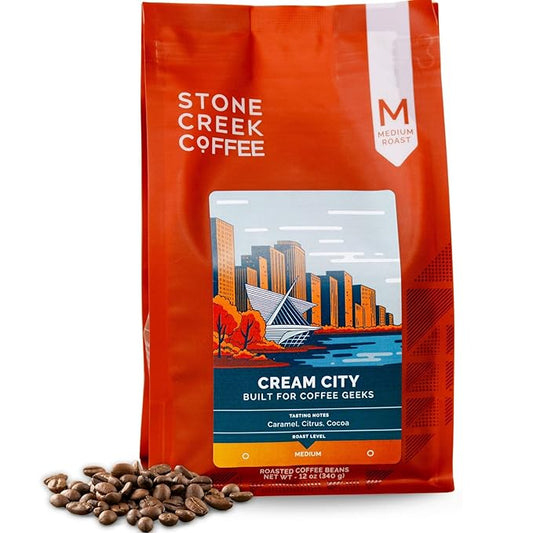 Stone Creek Coffee Medium Roast Whole Bean Coffee – 12 Ounce (Pack of 1) – Specialty Smooth and Sweet Fresh Roasted Coffee Beans with Fruity/Chocolate Tasting Notes, Cream City