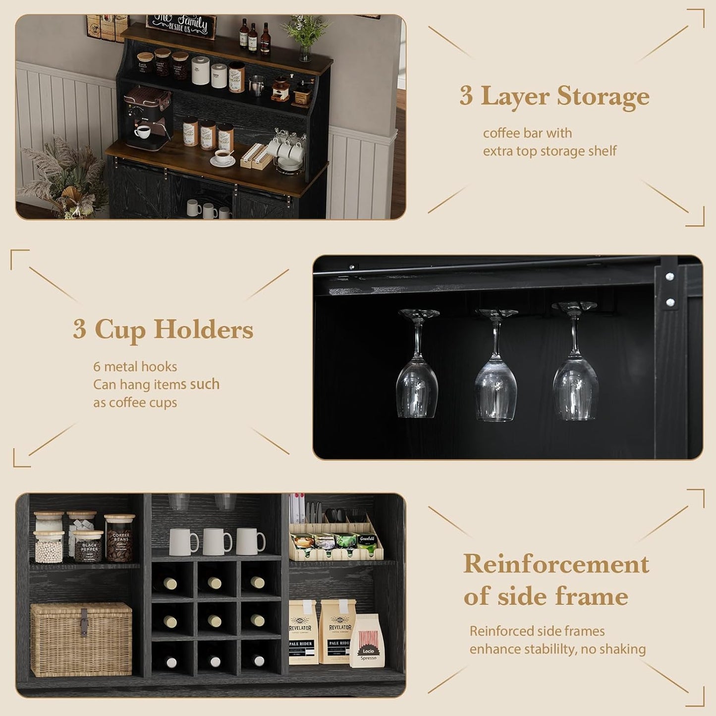 47 Inch Farmhouse Coffee Bar Cabinet with 3-Tier Storage, Coffee Bar Hutch with 9 Wine Racks, 3 Glass Holders, 6 Hooks, Kitchen Hutch for Dining Living Room, Black