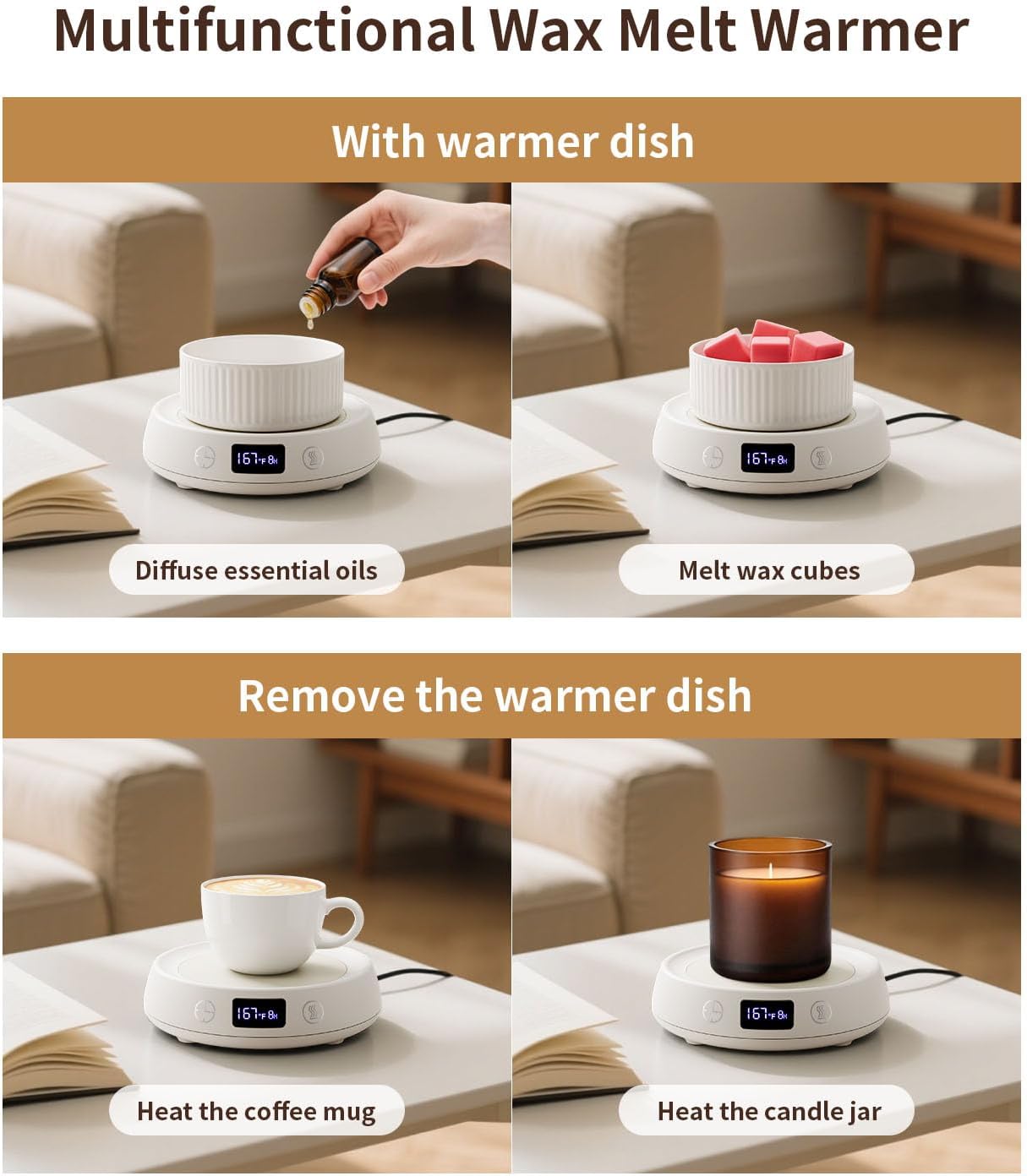 Wax Melt Warmer 3-in-1 Candle Warmer, Electric Scented Wax Melter Fragrance Wax Cube Burner for Home Bedroom Office, 8H Auto Shut Off 3 Temperature Setting (White)