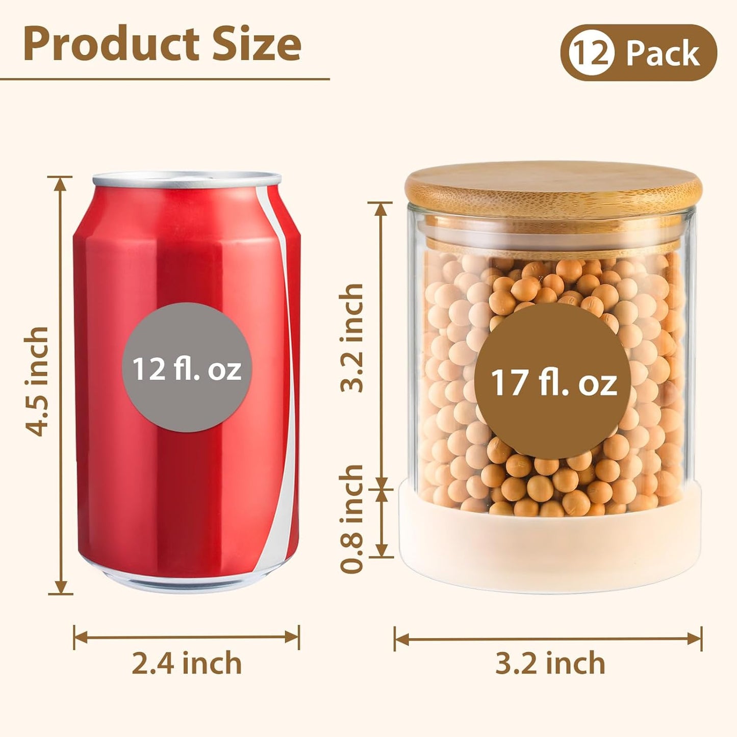 17oz Round Glass Storage Containers with Bamboo Lids – 12 Pack Small Airtight Clear Spice Jars for Pantry Organization, Kitchen Dry Food, Flour, Spice, Coffee Beans, Staples & Snacks