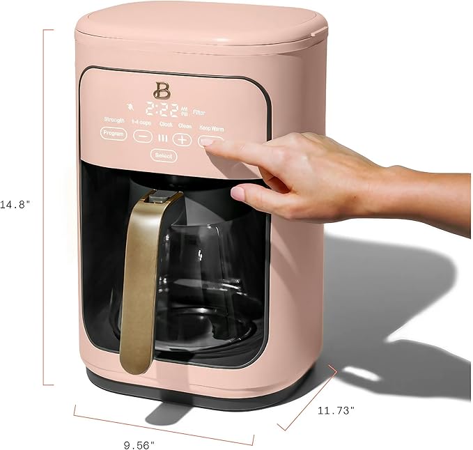 Beautiful by Drew Barrymore 14-Cup Programmable Drip Coffee Maker, Touch-Activated Display, Fast 14-Min Brew, Bold Strength, Keep Warm 4 H, Gold Filter (Rose)