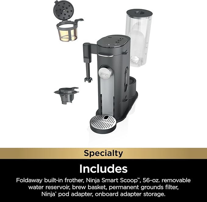 Ninja Single-Serve Coffee Maker, Pods & Grounds, 4 Brew Styles: Classic, Rich, Over Ice, Specialty, Compact, Frother, 6-24 oz Brew Sizes, Travel Mug Friendly, Gray, PB050