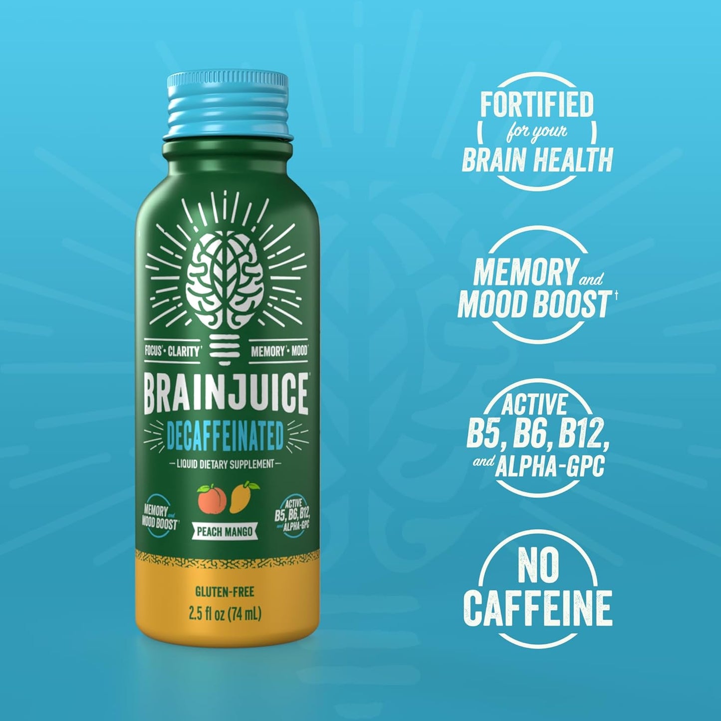 BrainJuice Decaf Brain Support Shot, Gluten Free Supplement Shots for Energy & Focus, Healthy Drinks with Alpha GPC, Vitamin B & Decaffeinated Green Tea Leaf, Classic, 2.5 fl oz, 12 Pack