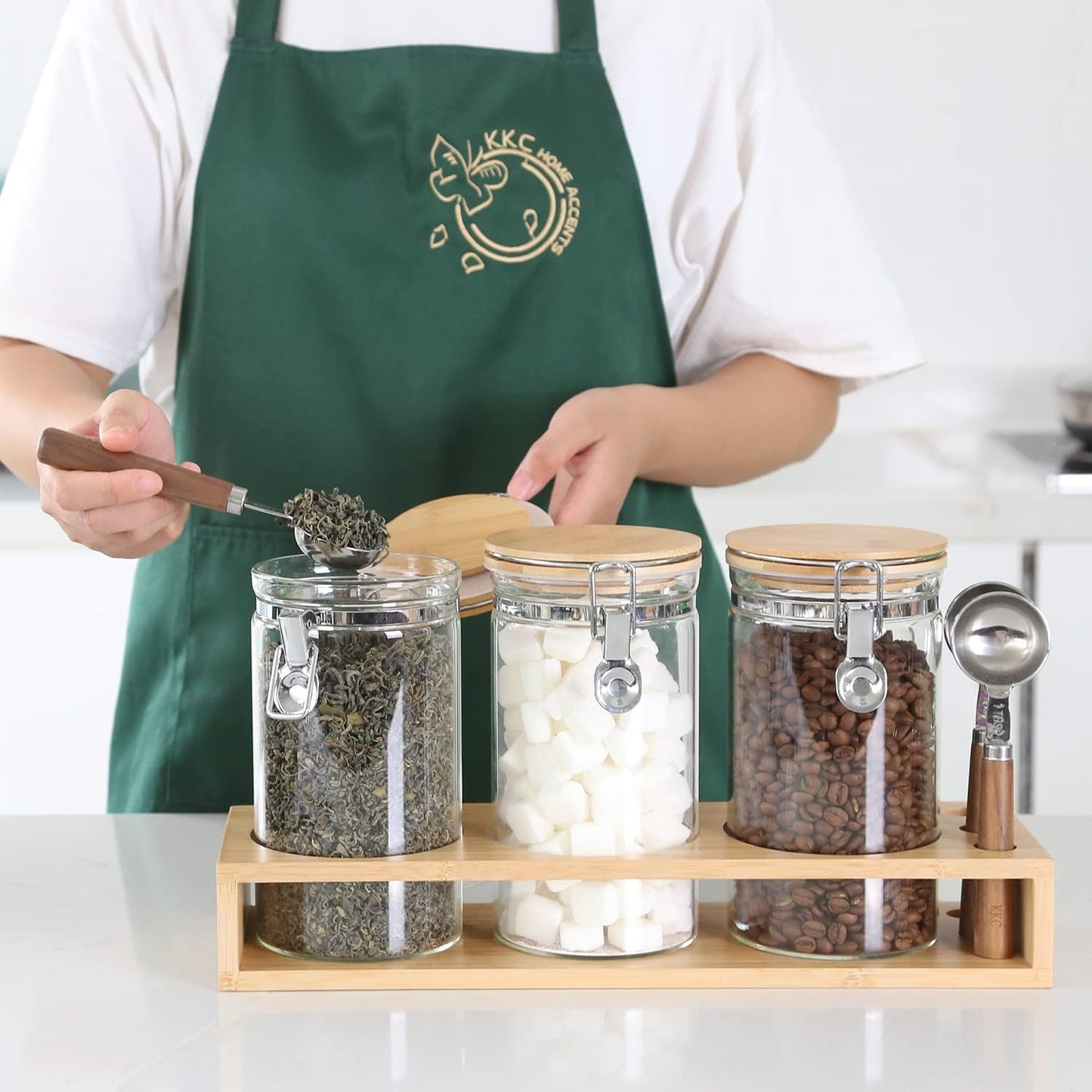 KKC HOME ACCENTS Glass Canisters with Airtight Hinged Lids and Scoops,Sealed Glass Storage Jar Containers for Coffee Beans,Loose Leaf Tea,Sugar,Ground Coffee,Matcha,Bamboo Lid Airtight Jars