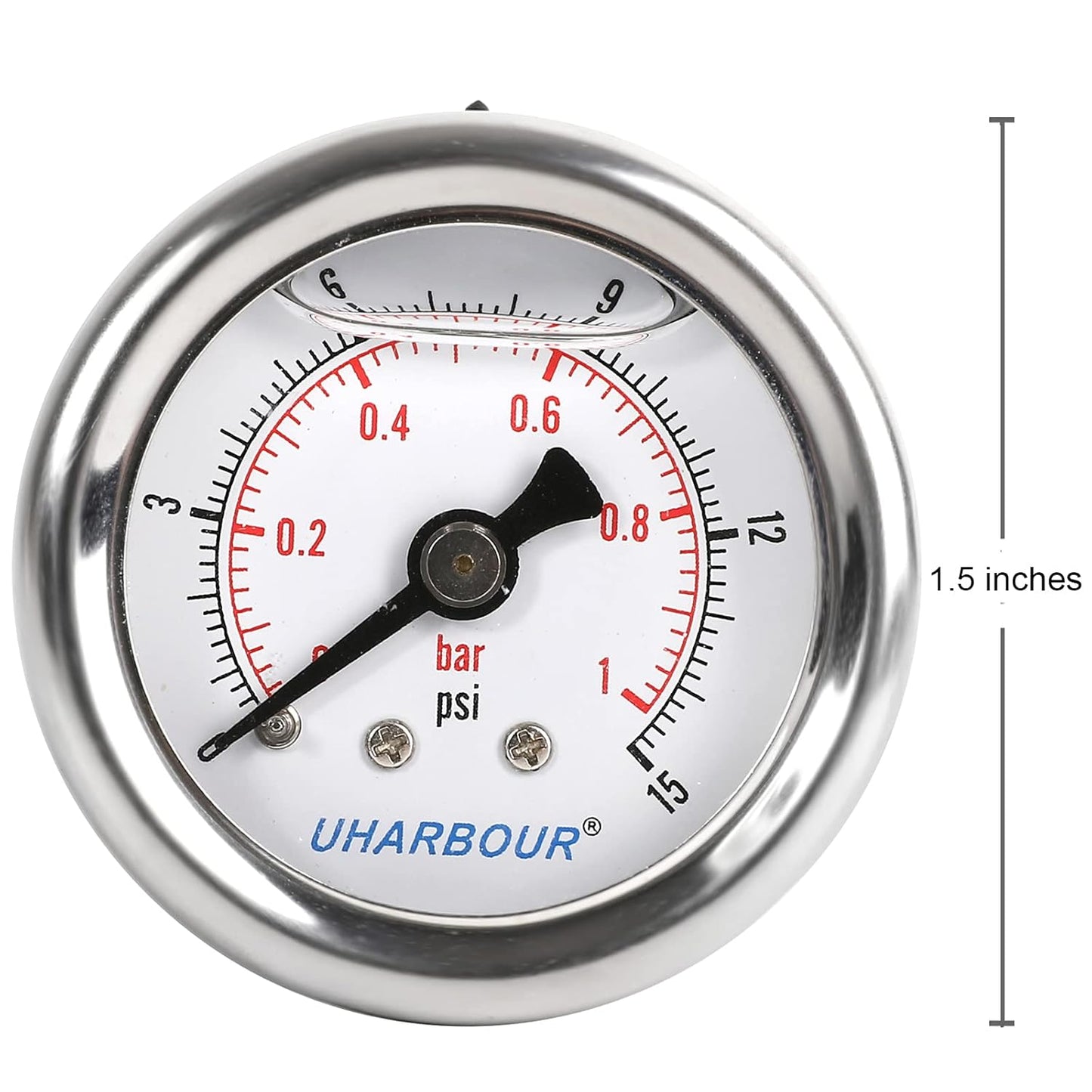 Glycerin Filled Pressure Gauge with 304 Stainless Steel Case, 1-1/2" Dial Size, 0-15Psi/Bar, High Accuracy, 1/8" NPT Center Back Mount…