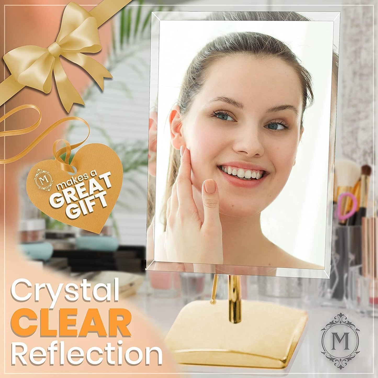 MIRRORVANA Large Free Standing Mirror - Frameless, Gold-Plated, Beveled Design for Desk, Retail Counter, Bathroom and Vanity Dressing Table (9.8" x 7")