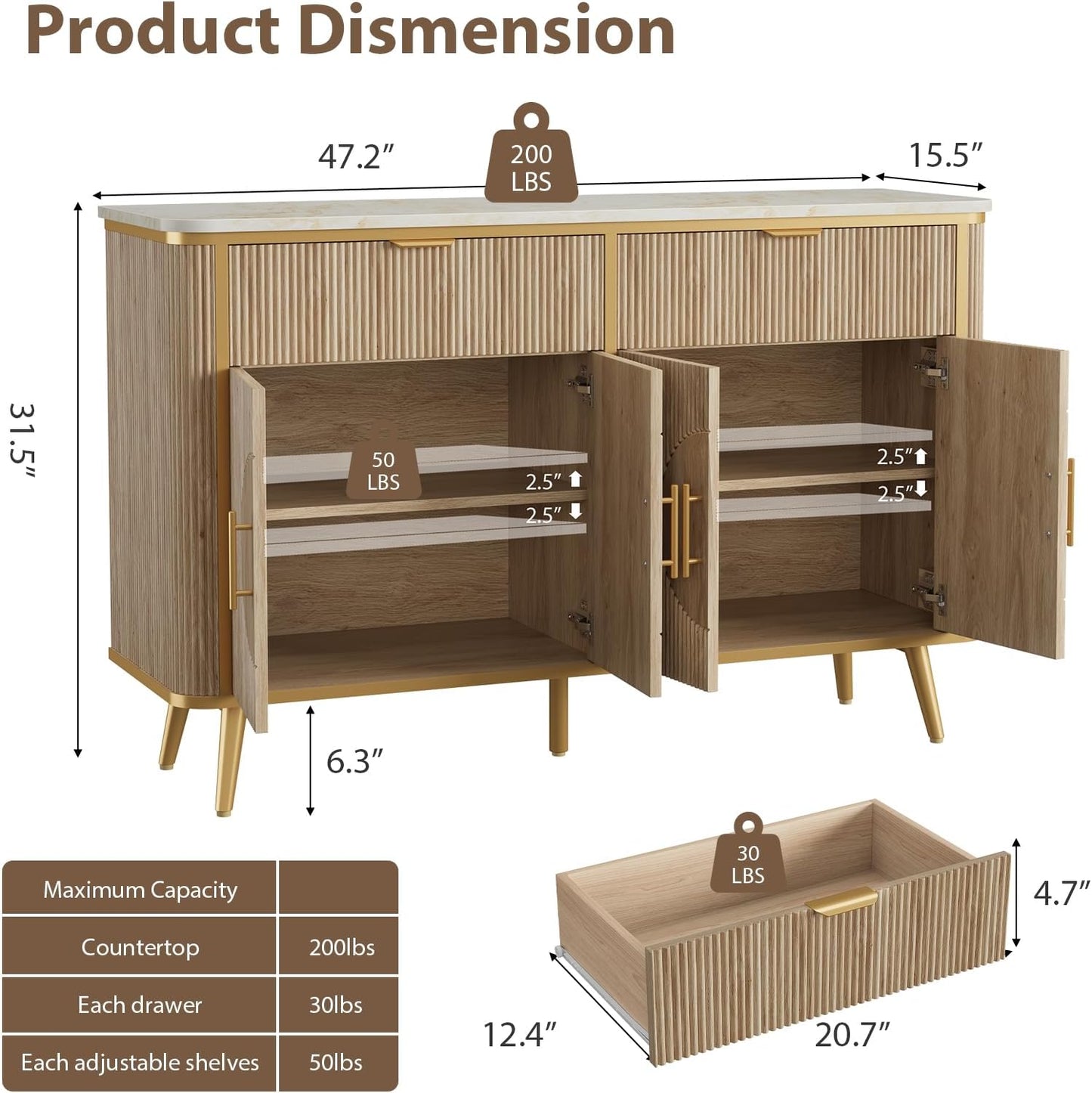 47.2" Buffet Storage Cabinet, Modern Fluted Coffee Bar Station with 2 Drawers & Adjustable Shelves, Kitchen Sideboard Buffet for Dining Room, Living Room, Hallway, Natural Oak