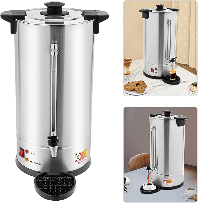 Commercial Electric Coffee Pot 1500W Stainless Steel Coffee Maker Hot Water Dispenser with Drip Tray for Cafes Offices Gatherings, No Temp Control (Silver, 25L)