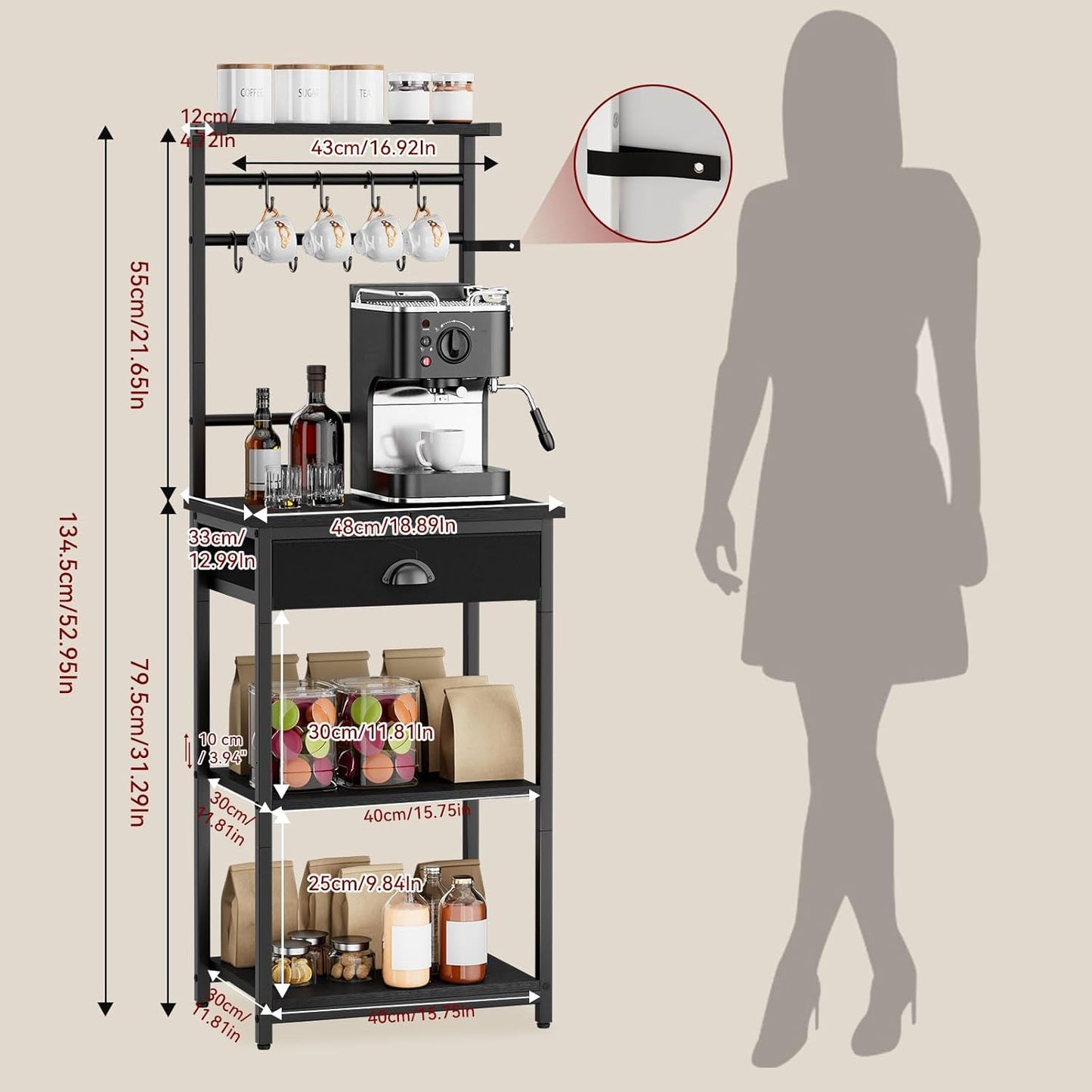 YMYNY 5 Tier Coffee Bar Station, Coffee Stand with Fabric Drawers, 8 S-Shaped Hooks, Corner Bar Cabinet, Height Adjustable, Bakers Rack for Kitchen, Living Room, Black, HBR009B