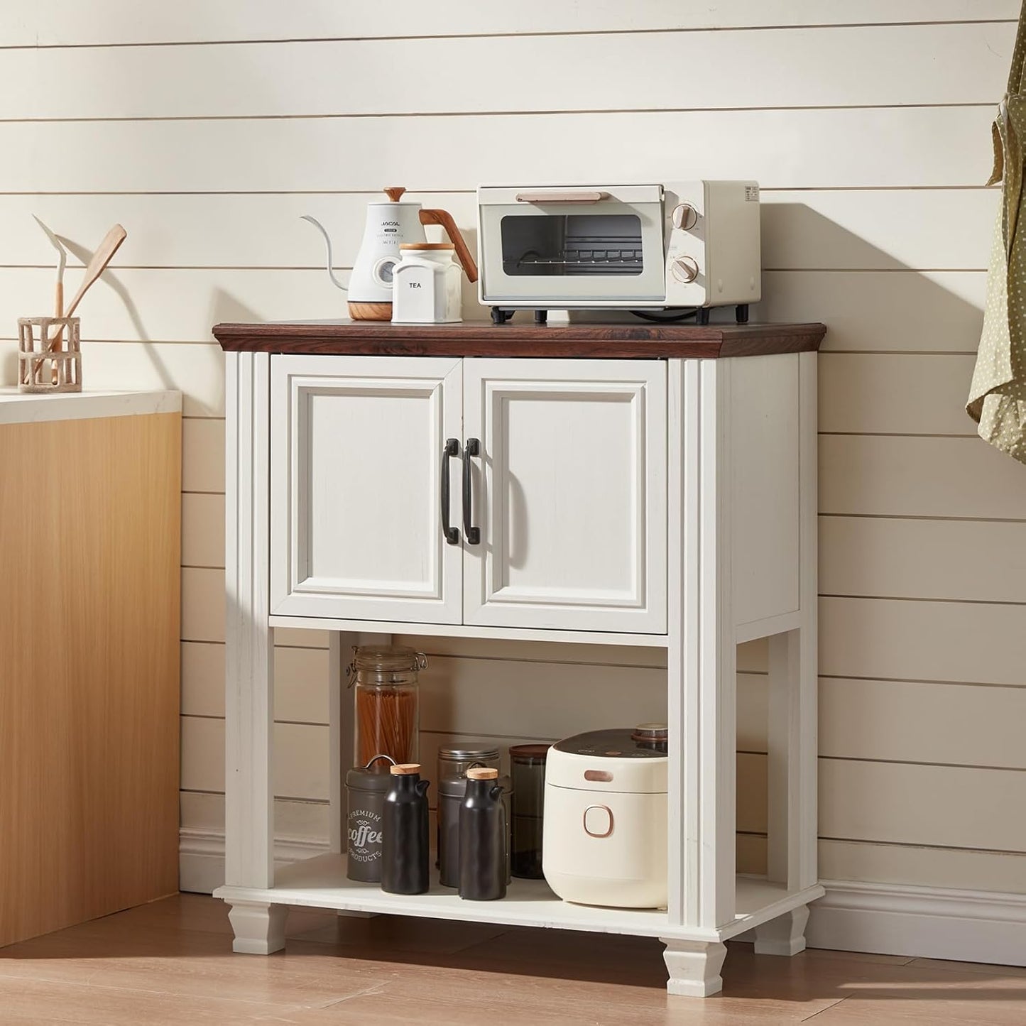 Farmhouse Coffee Bar Station with 2-Door Cabinet, Small Kitchen Cabinet with Open Lower Shelf, Entryway Table with Storage for Dining Room, Kitchen, Hallway, Living Room, White