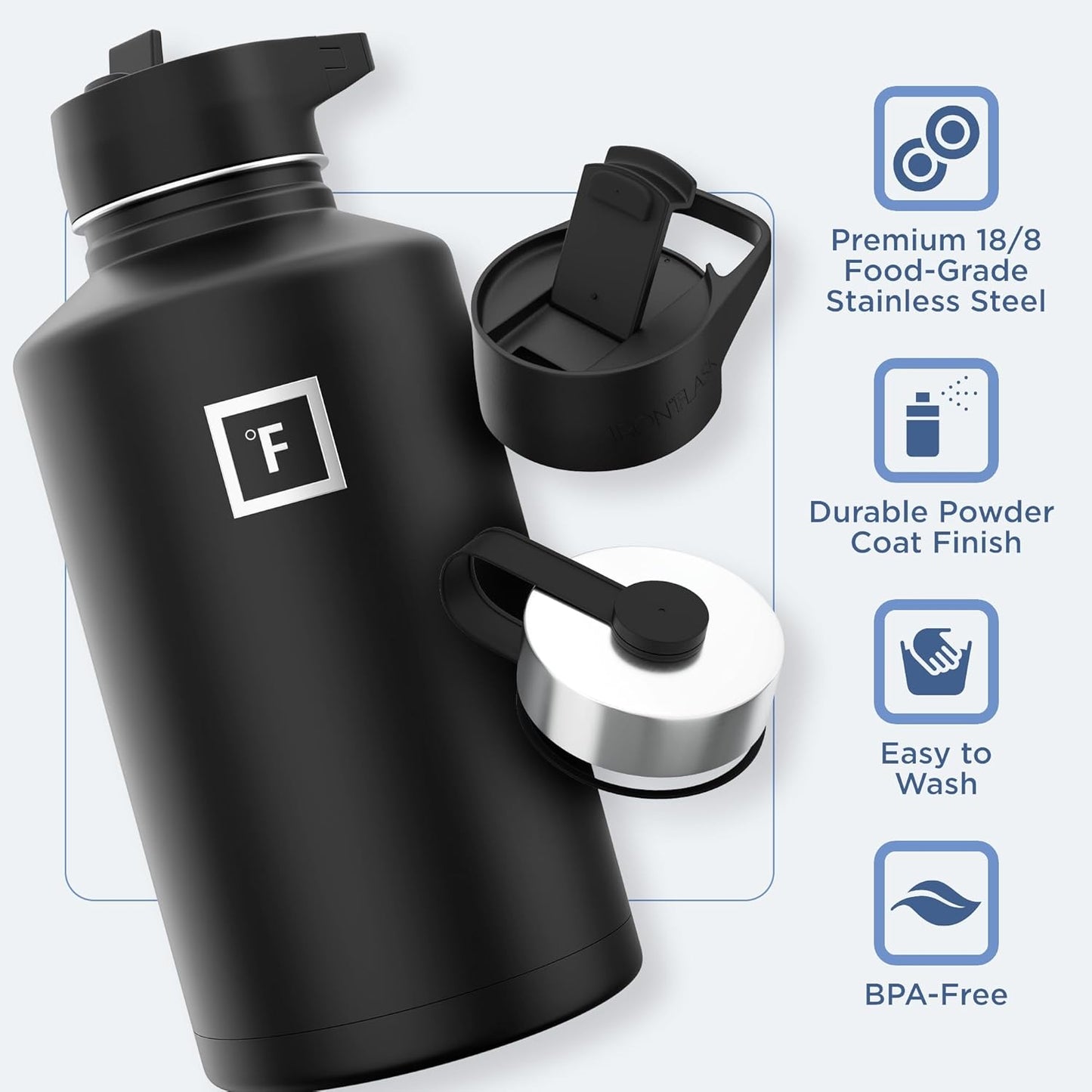 IRON °FLASK Camping & Hiking Hydration Flask with 3 Lids - Stainless Steel, Double Walled & Vacuum Insulated Water Bottle - Leak Proof & BPA Free (Aurora, Straw - 64 oz)