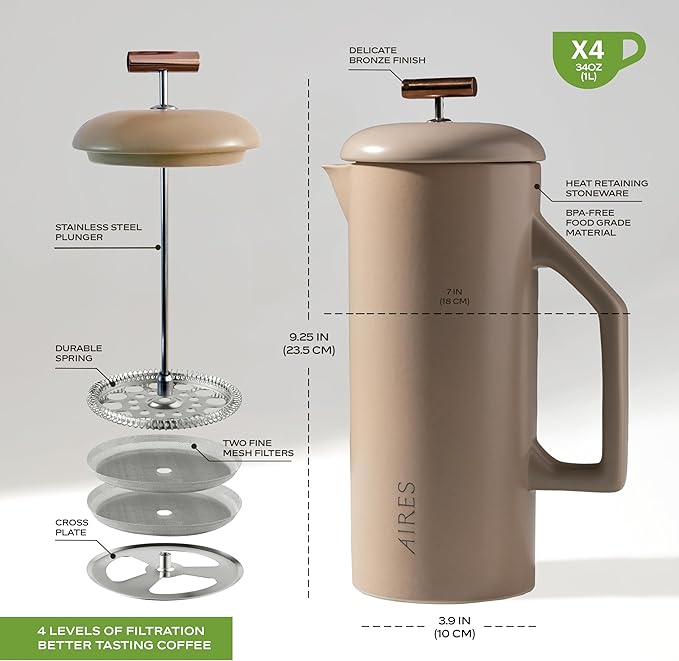 AIRES Ceramic French Press Coffee Maker – 34 oz Heat-Retaining Stoneware – Elegant Neutral Color – Inspired by Buenos Aires Coffee Culture – Gift-Ready with Barista Brewing Guide