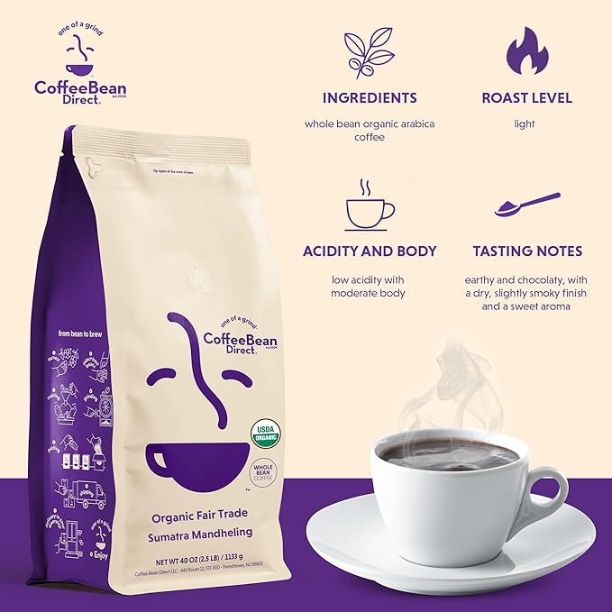 Coffee Bean Direct Organic Fair Trade Sumatra Mandheling, Whole Bean Coffee, Light Roast, 2.5 Pound Bag (Pack of 1)