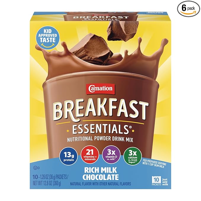 Carnation Breakfast Essentials Powder Drink Mix, Rich Milk Chocolate, 10 Count Box of 1.26 Ounce Packets (Pack of 6)