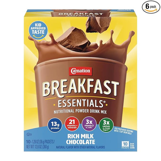 Carnation Breakfast Essentials Powder Drink Mix, Rich Milk Chocolate, 10 Count Box of 1.26 Ounce Packets (Pack of 6)