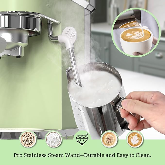 Laekerrt Espresso Machine 20 Bar Espresso Maker CMEP01 with Milk Frother Steam Wand, Professional Expresso Machine for Cappuccino and Latte (Stainless Steel, Green) Gift for Dad, Father, Coffee Lovers