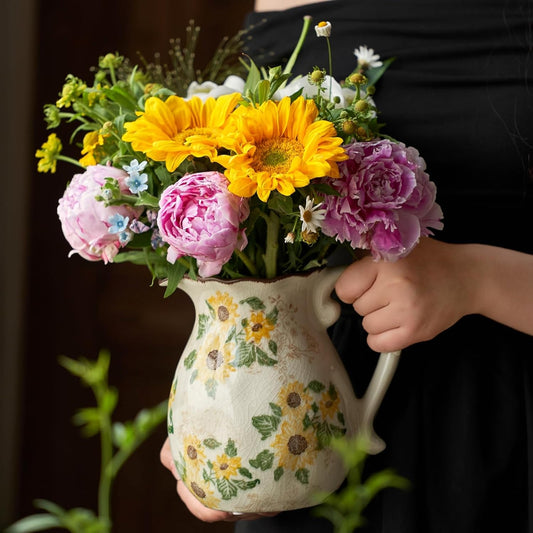 Vintage Vase with Handle, 6 Inch Ceramic Pitcher Sunflower Floral Vase, Rustic Farmhouse Vases for Grandma Core Home Decor, Bookshelf Office Tuscan Decor (Small Teapot)