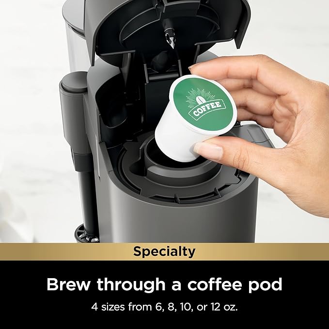 Ninja Single-Serve Coffee Maker, Pods & Grounds, 4 Brew Styles: Classic, Rich, Over Ice, Specialty, Compact, Frother, 6-24 oz Brew Sizes, Travel Mug Friendly, Gray, PB050