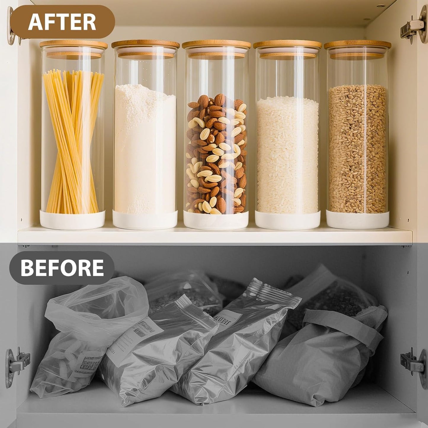 73oz Round Glass Storage Containers with Bamboo Lids – 3 Pack Large Airtight Clear Food Jars for Pantry Organization, Kitchen Dry Food, Flour, Pasta, Coffee Beans, Staples & Snacks