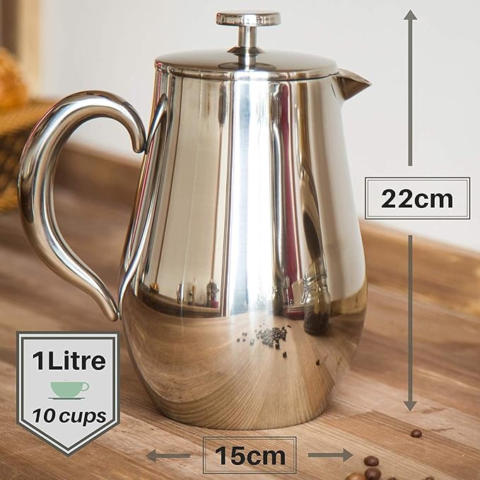 VeoHome - 1 Litre piston coffee maker - Unbreakable and keeps coffee hot for a long time thanks to its double stainless steel shell…