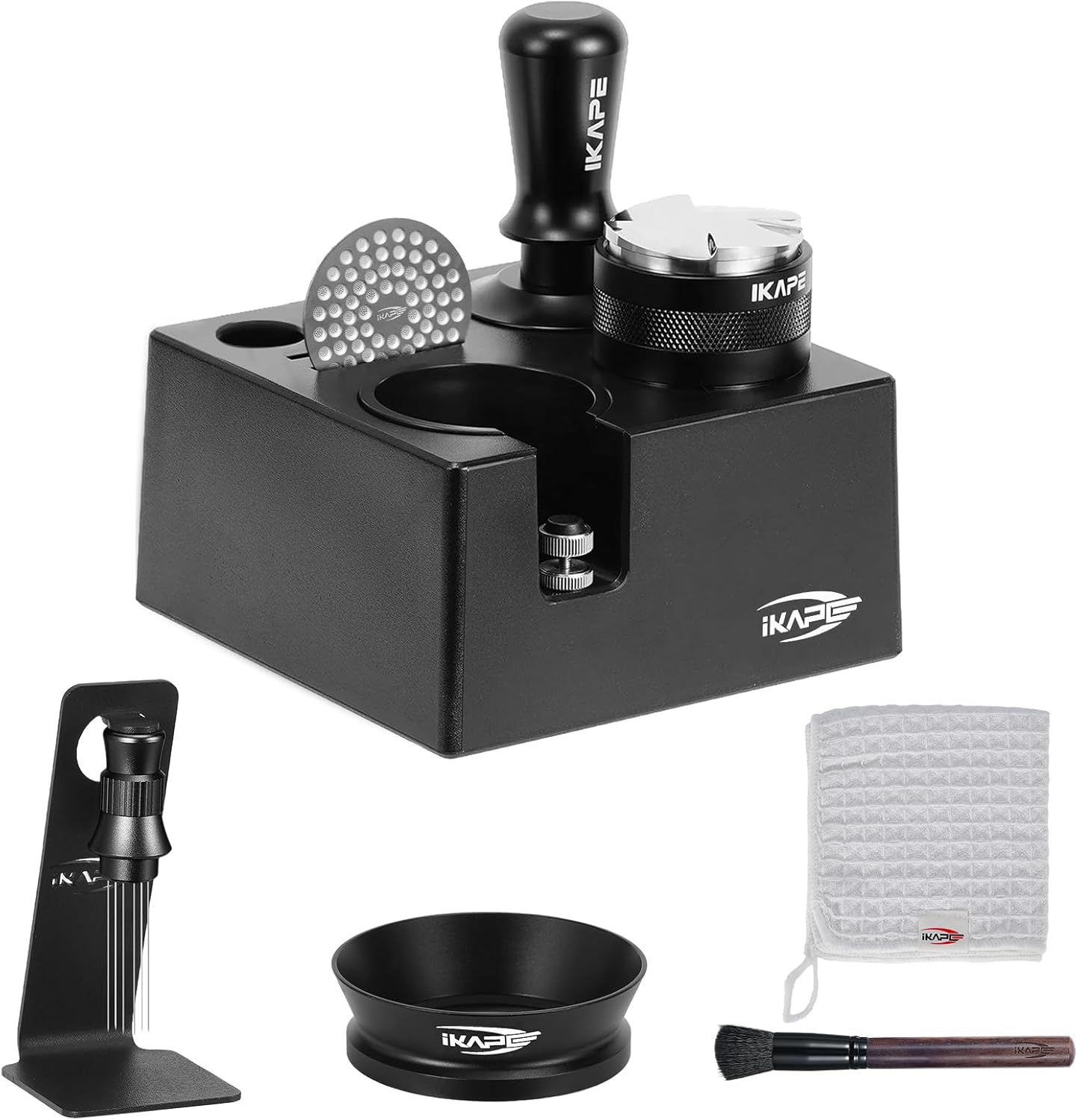 IKAPE 53MM Black Espresso Tool Set 8 IN 1, Coffee Tamper, Distributor, Magnetic Funnel, Puck Screen, Tamper Station, Stirrer Distribution Tool, Cleaning Towel and Brush