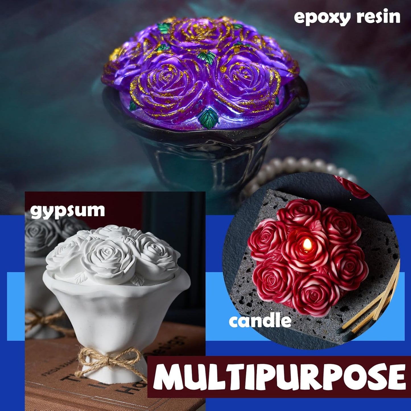 Epoxy Resin Storage Box Silicone Molds A Bouquet of Roses Jar with Lid DIY Jewelry Trinket Candy Container Silicone Mould Epoxy Concrete Cement Plaster Planter Candle Vessel Craft Molds