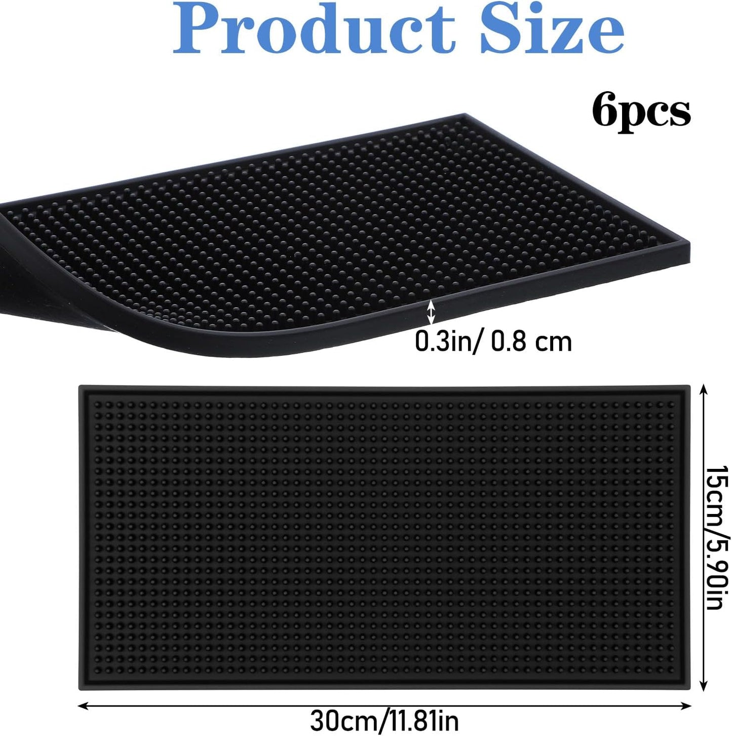 6 Pack Black Bar Mat - 6" x 12" Rubber Bar Mats for Countertop, Non-Slip Spill Mas for Bartending, Coffee, Kitchen & Home Bars, Durable PVC Bars Top Mat for Glasses & Drinks