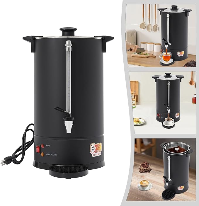 Commercial Electric Coffee Pot 1500W Stainless Steel Coffee Maker Hot Water Dispenser with Drip Tray for Cafes Offices Gatherings, No Temp Control (Black, 15L)